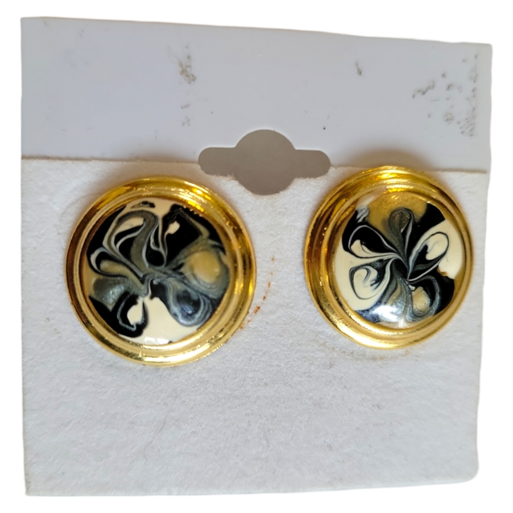 Enamel Post Pierced Blue White Cream Circle Earrings